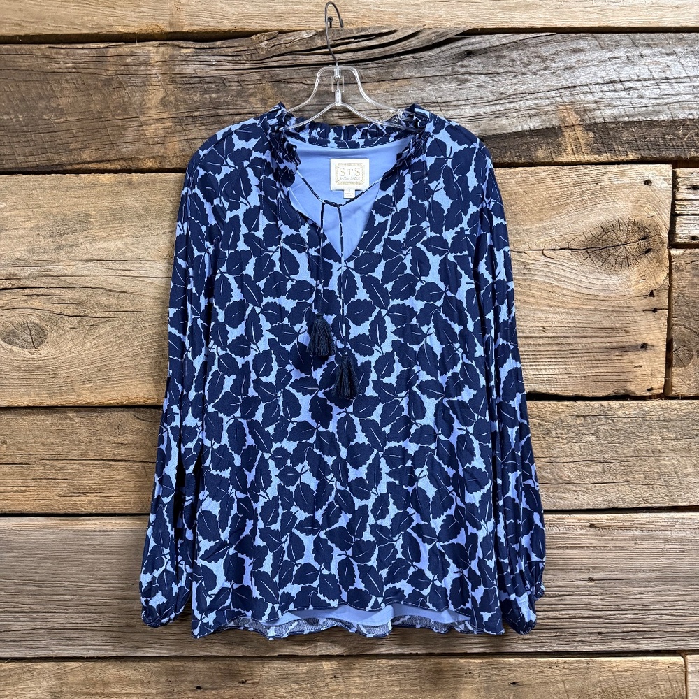 Sail to Sable long sleeve tunic blouse with ruffled v neck, tassel tie, blue, SM
